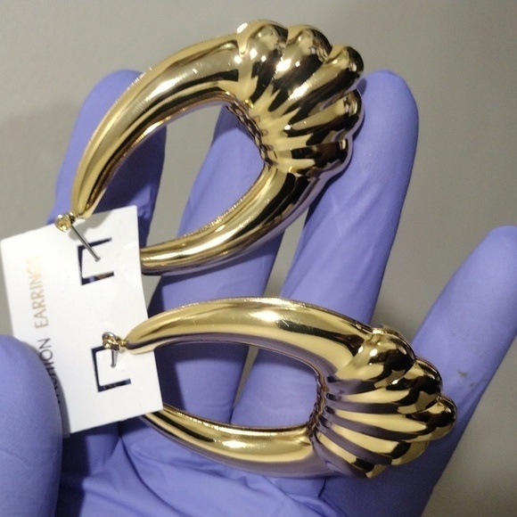 Women's Polished Gold tones, Oval Shape Designed Hoop Drop Earrings, 2.4-in, #2 - Picture 3 of 5